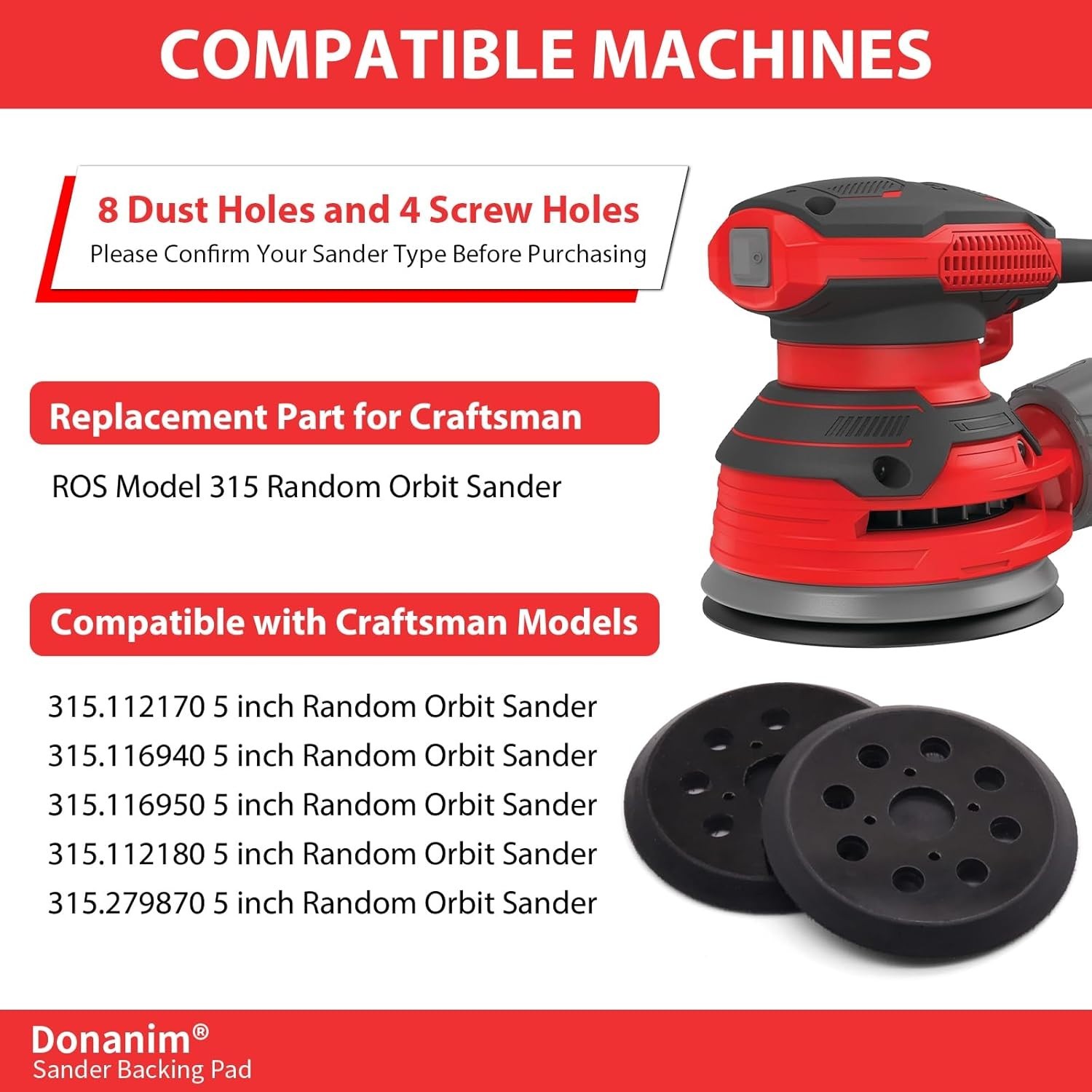 2 Pack Sander Pad Compatible with Craftsman, 5 Inch 8 Holes Hook and Loop Orb…