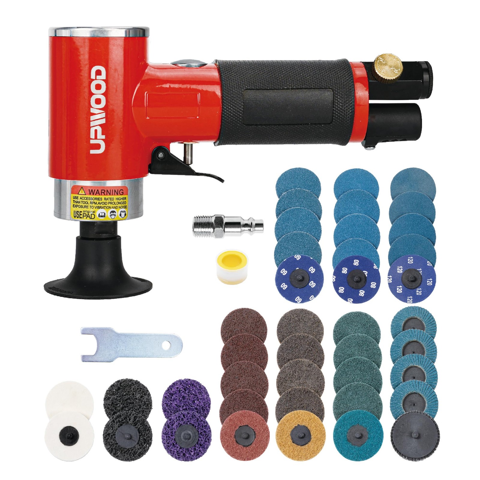 UPWOOD 2-Inch Air Right Angle Sander Kit with 41 Roll Lock Discs Red,black