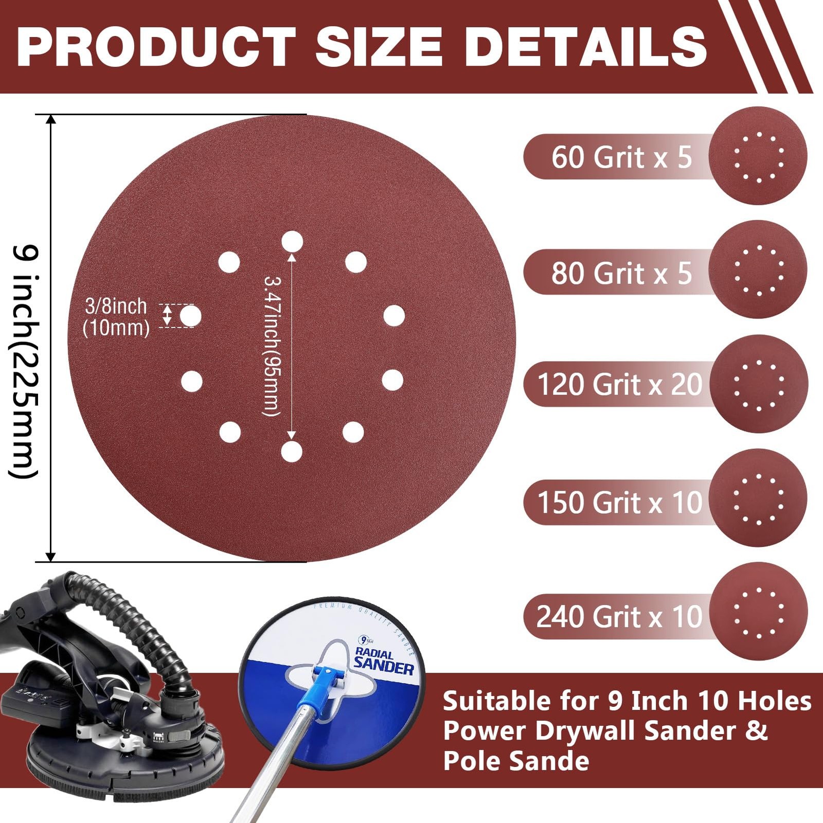 50Pk 9 Inch 10 Hole Hook and Loop Sanding Disc Aluminum Oxide Drywall Sandpaper