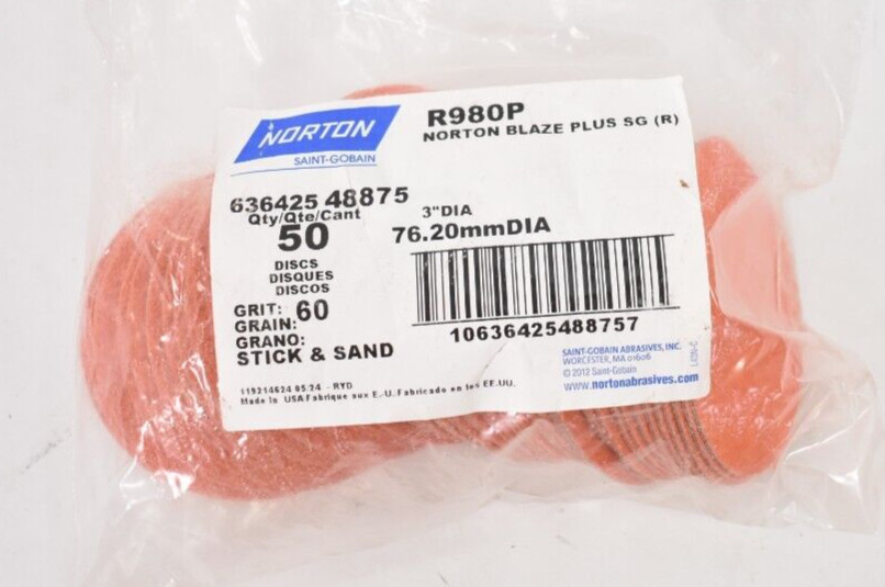 Lot of 50 Norton Saint Gobain Stick & Sand Discs 60 Grit 636425 48875 R980P