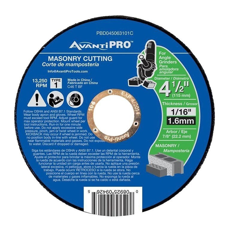 Avanti Pro PBD045063101C Cut-Off Wheel, 4-1/2 in Dia, 1/16 in Thick, 7/8 in Arbo
