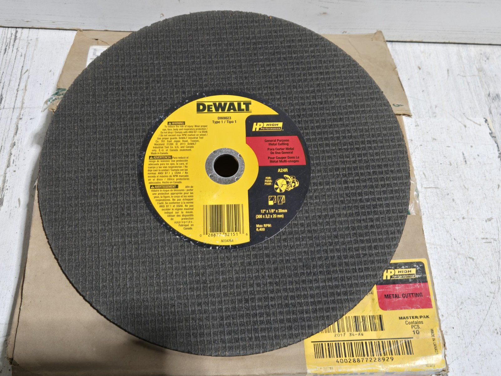 *Dewalt 12″x1/8″x20mm Metal Cutting Wheel DW8023 Type 1 PACK/10