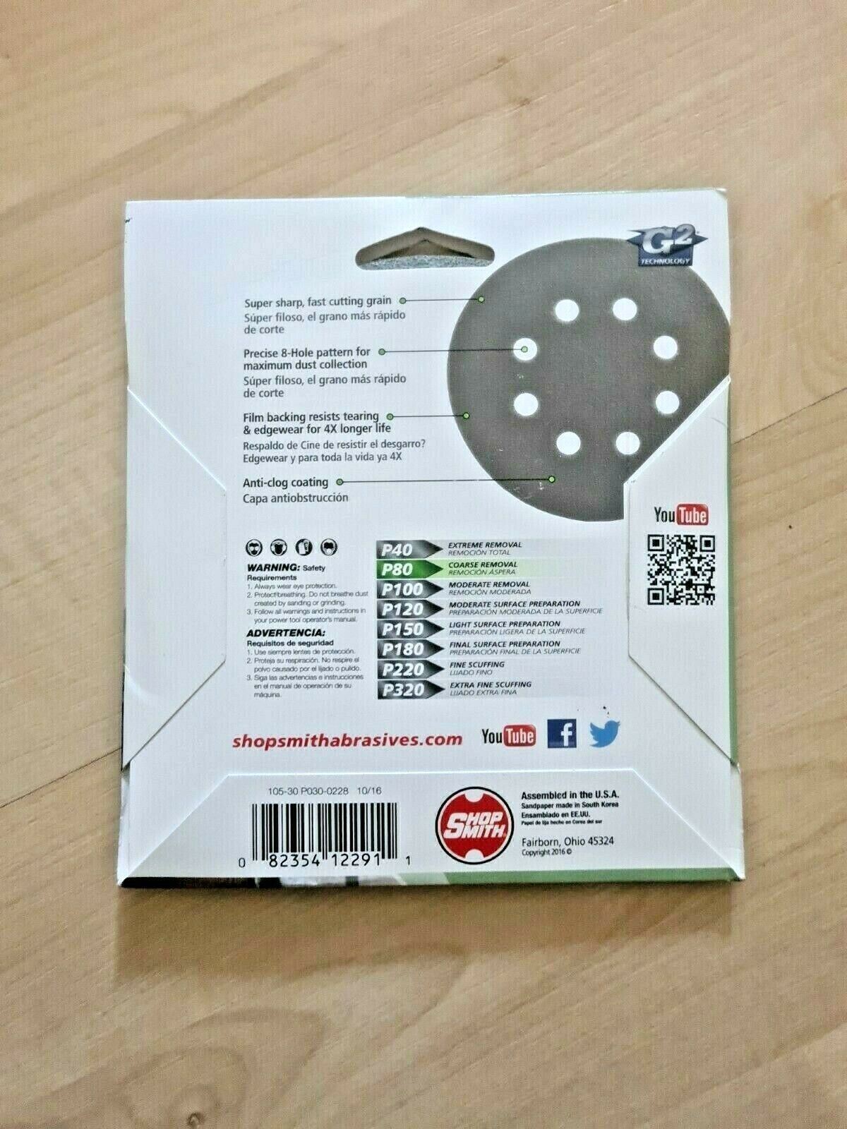 Shopsmith 4 Discs 5″ P40 Abrasive Film Discs Fits 8 Hole Sanders 12290 G2 Techno