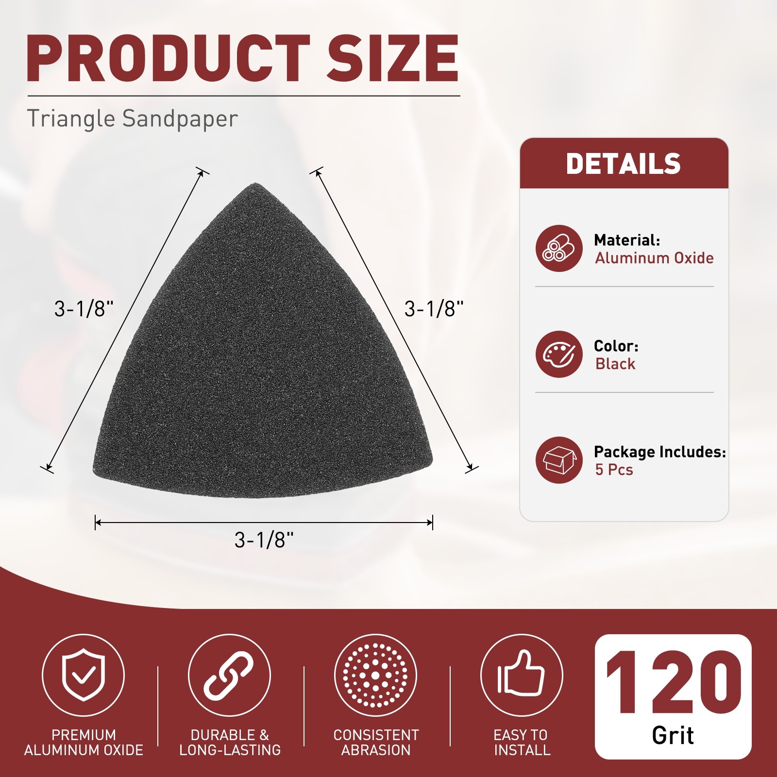 5 Pcs Triangle Sandpaper, 3-1/8″, 120 Grit Aluminum Oxide Sanding Pads, Black