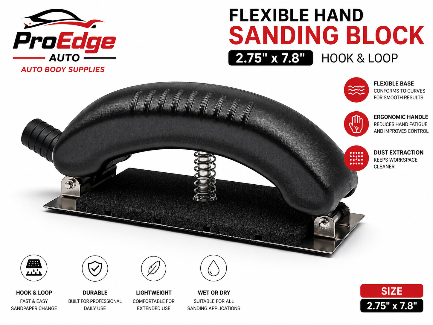 ProEdge Auto Flexible Hand Sanding Block 2.75″ x 7.8″ Hook & Loop Dust Port