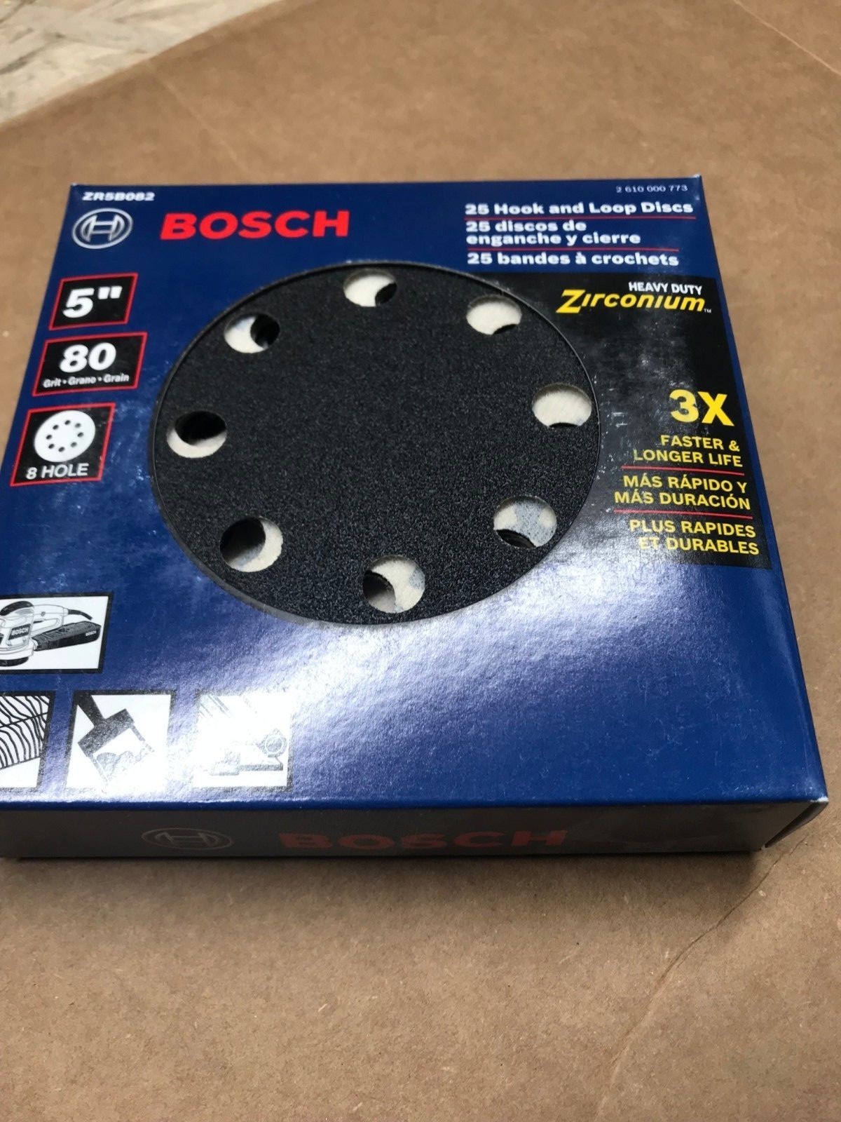 Bosch 80 grit, 5″, 127mm, 8 hole hook and loop, sandpaper, 25 pack, 2R5B082