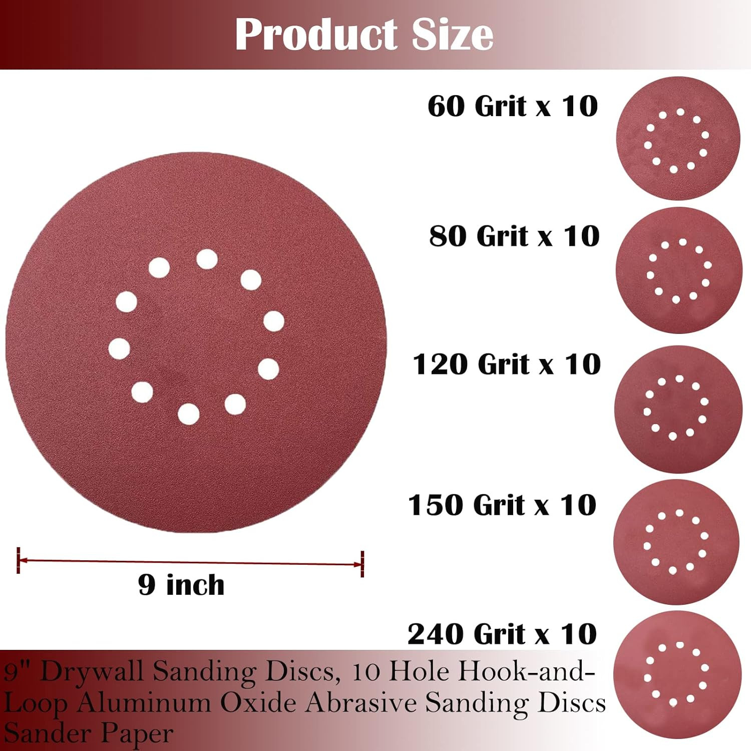50 PCS 9-Inch 10-Hole Hook-And-Loop Sanding Discs for Drywall Sander -10 Pack Ea