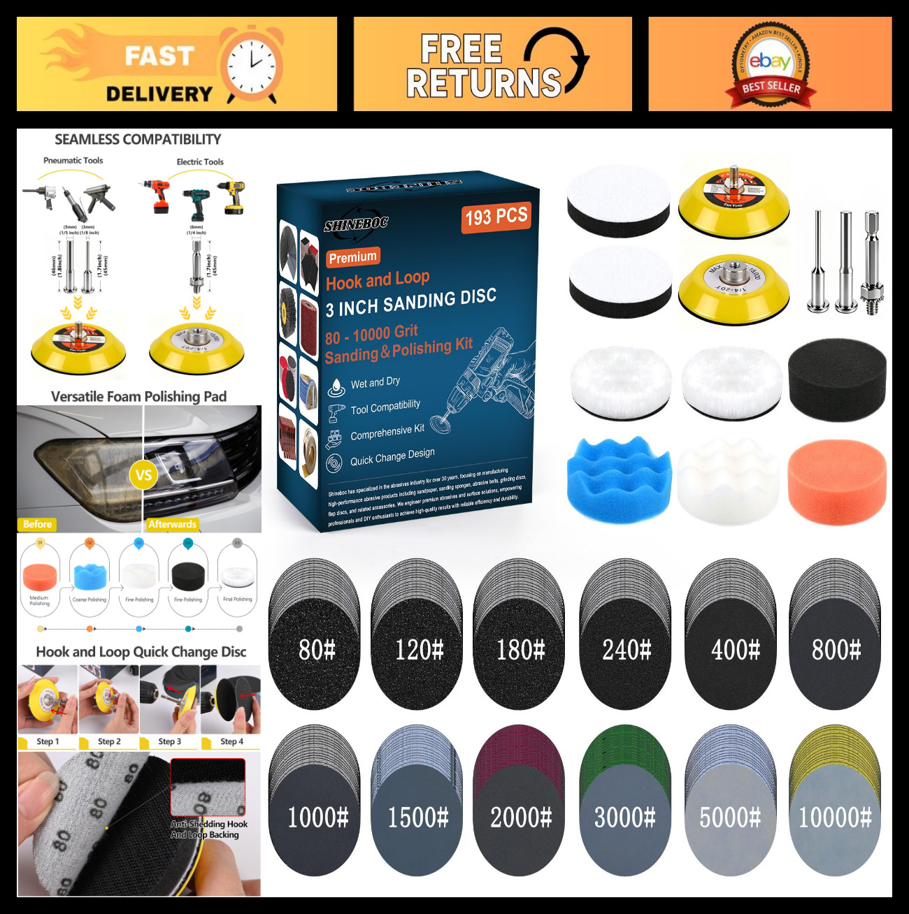 193Pcs Polishing Kit – 3″ Hook and Loop Sanding Discs, Headlight Restoration, 80