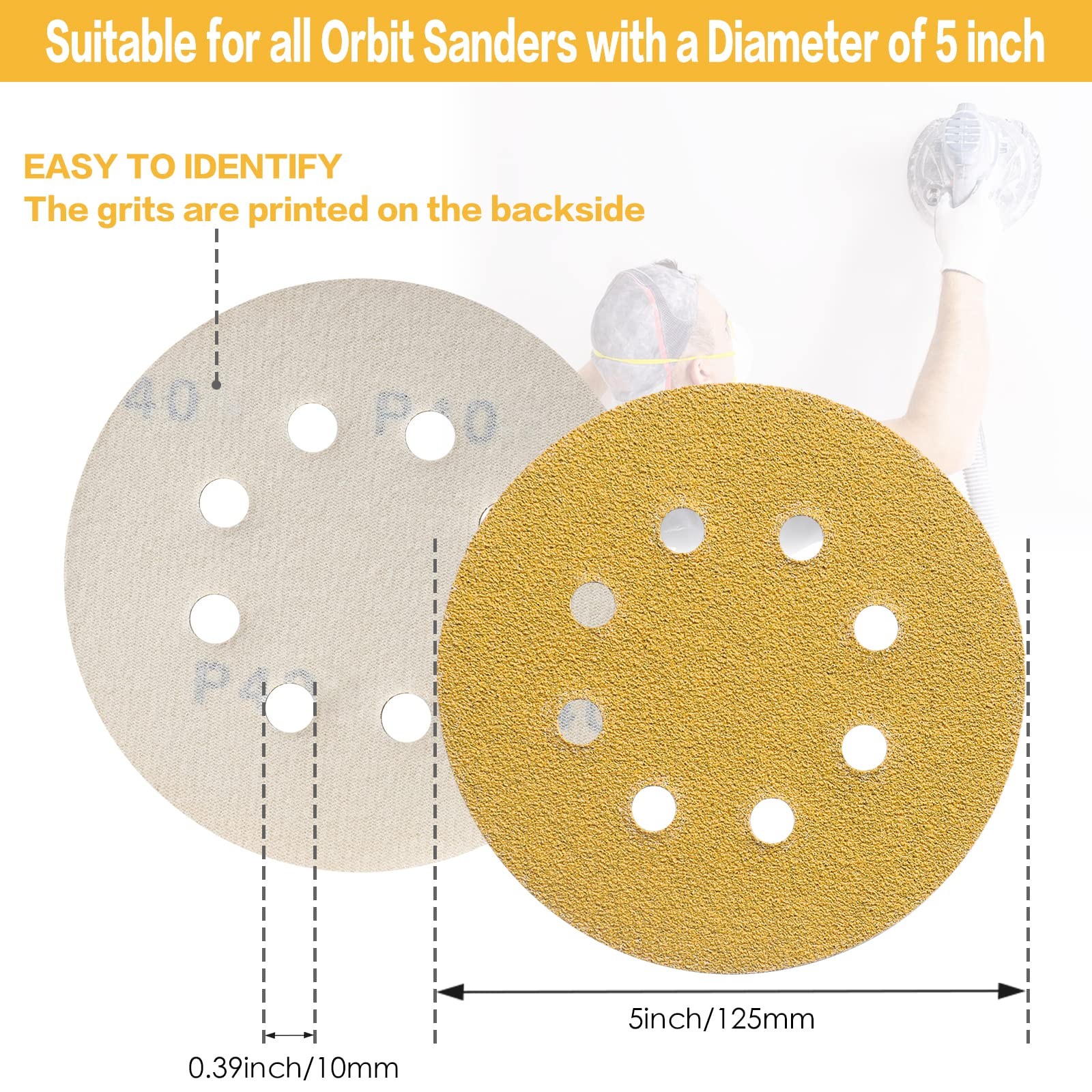 40 Grit 5 Inch Sanding Discs 8 Hole Hook Loop Gold Sandpaper for Orbital Sander