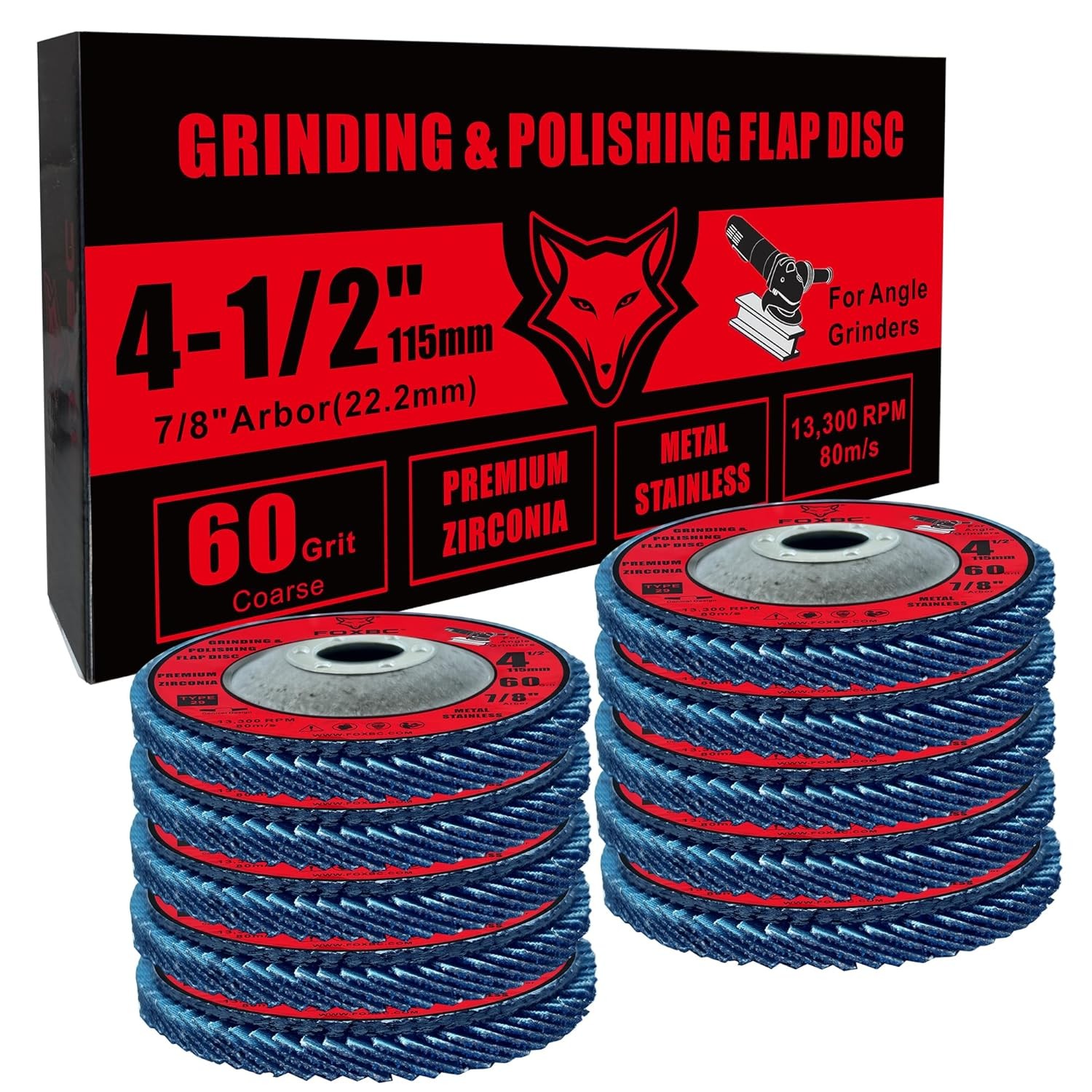 4-1/2 inch Flap Disc 60 Grit Type 29, Premium Zirconium Polishing, 10 Pack