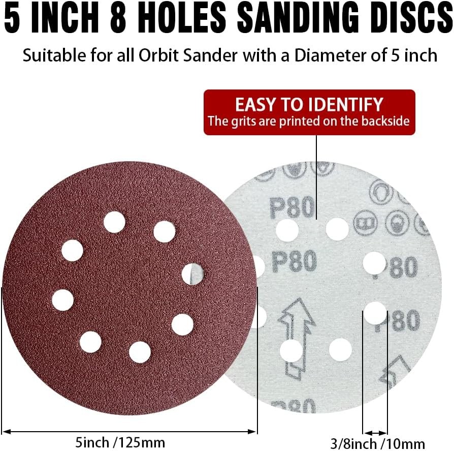52 Pack 5 Inch 8-Hole Hook and Loop Sanding Discs Sandpaper Red Round 80 Grit Sa