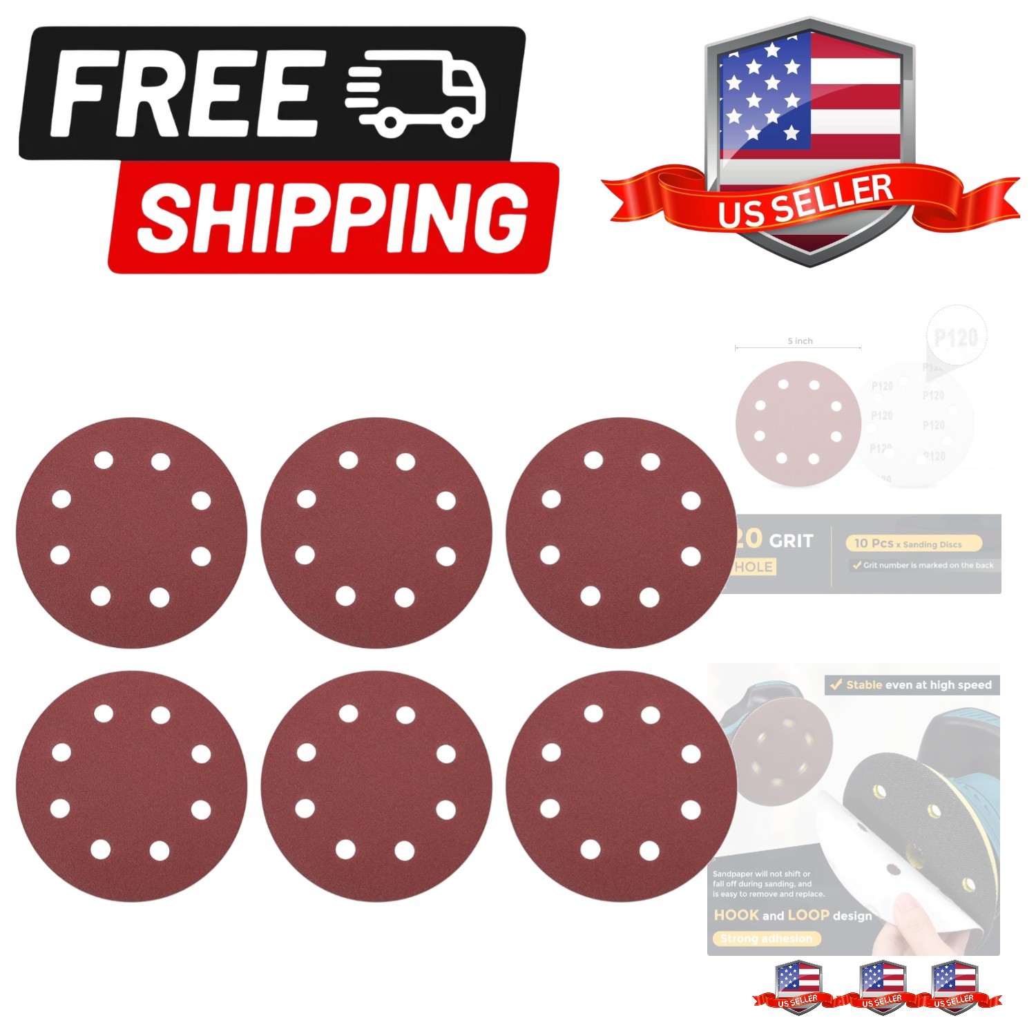 10 Pcs 7 Inch Sanding Discs, 120 Grit Hook and Loop Sandpaper, 8-Hole Aluminu…