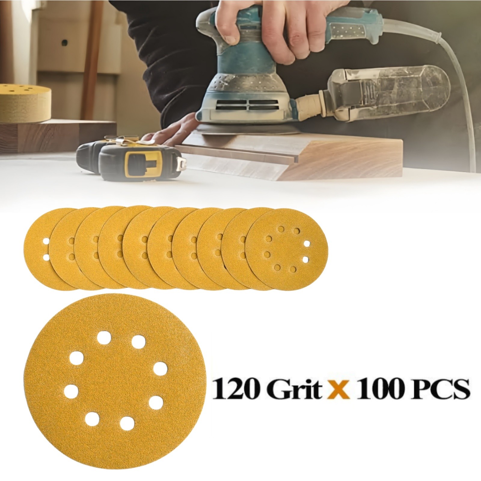 100PCS Sanding Discs 5″ 8-Hole 120 Grit Orbital Sander Pads Sandpaper Gold NEW
