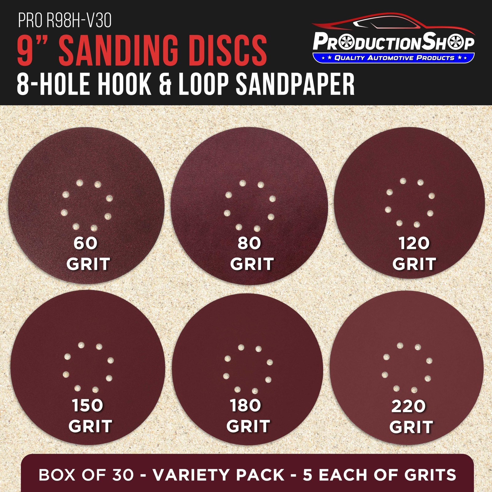 ProductionShop Premium 9″ Red 8-Hole Pattern Sanding Discs, 30 Oxide Brown