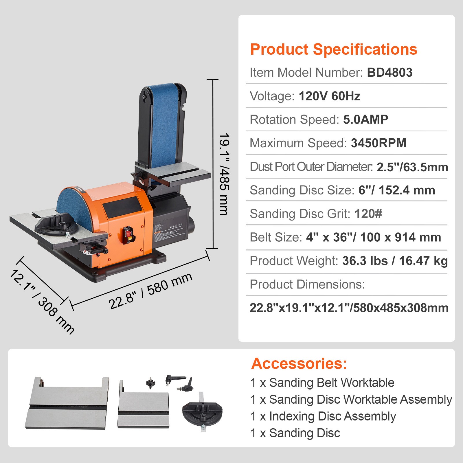 Uimoso Belt and Disc Sander Combo with 6″ Disc and 4″ x 36″ Belt, 5A Motor