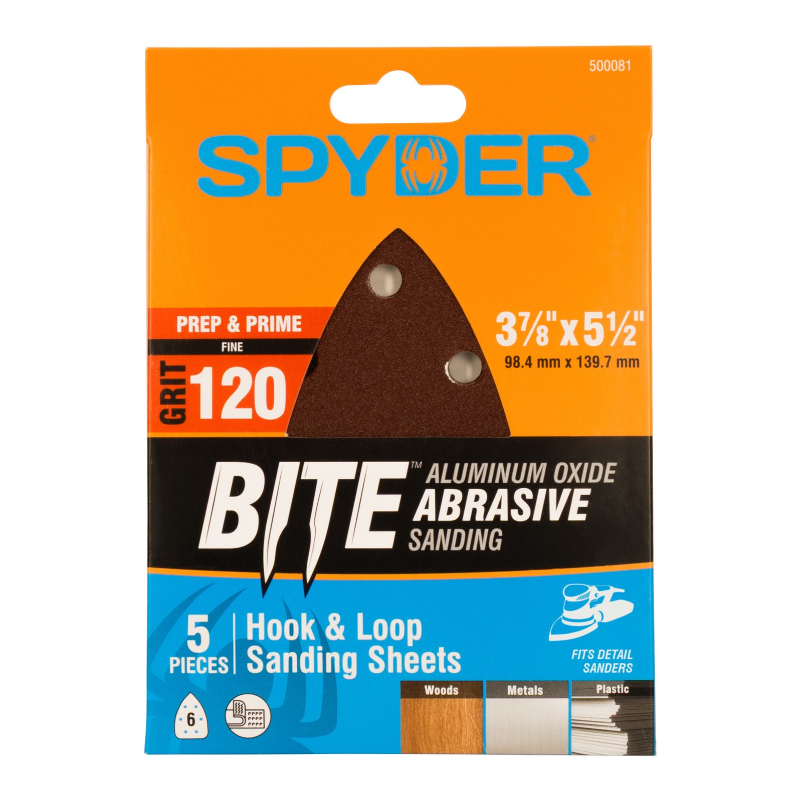 Spyder 3-7/8 in x 5-1/2 in x 6-Hole 120 Grit Detail Sanding Sheets 5-Pack 500081