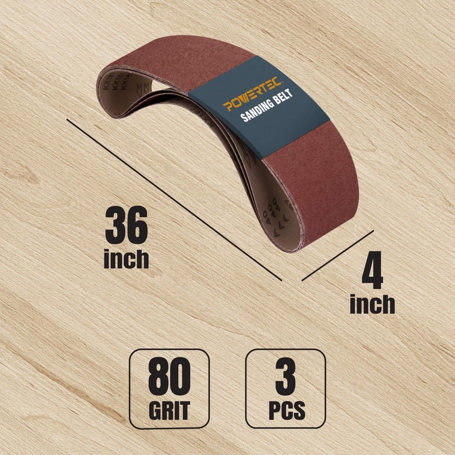 POWERTEC 3PK 4×36 Sanding Belts, 80 Grit Aluminum Oxide Belt