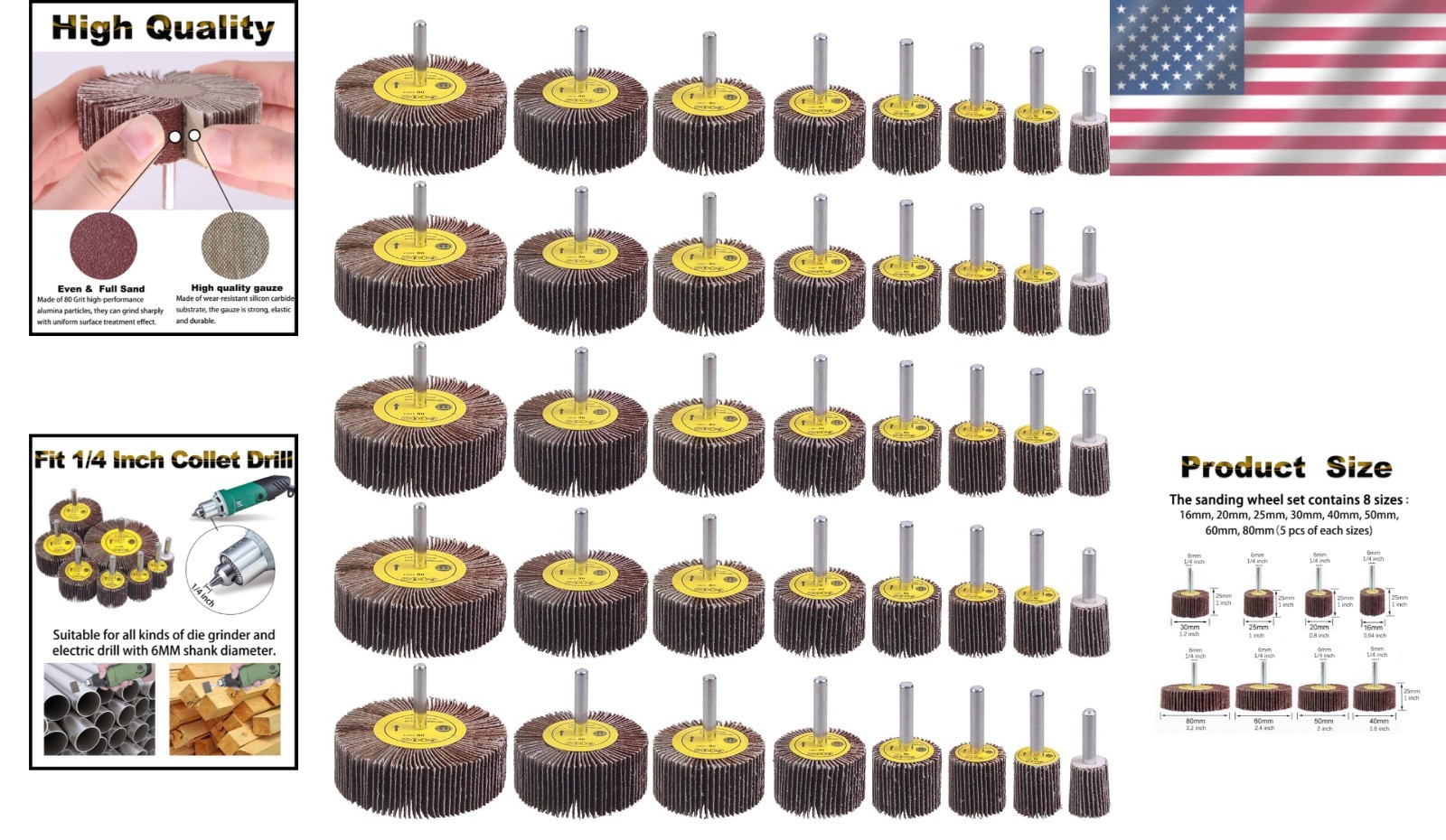 Abrasive Flap Wheel Set – 40 Pack, 80 Grit Cylindrical Shape