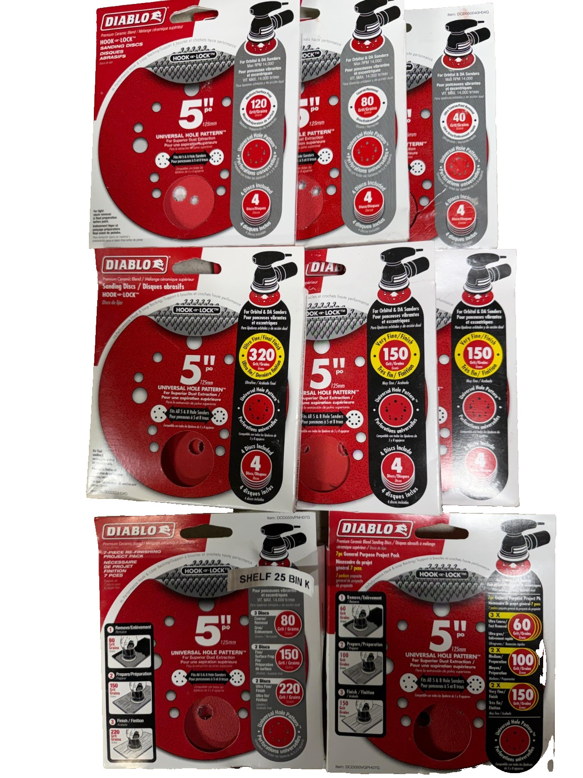 8CT Diablo 5″ Sanding Discs Hook Lock 40/60/80/120/150/220/320 Grit 38 Discs