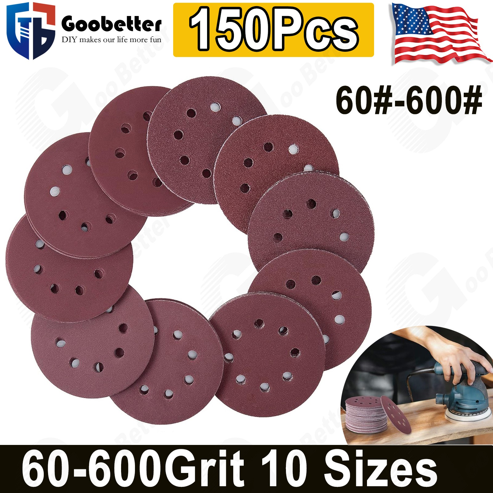 150Pcs 5inch Sanding Discs 40-240 Grit Set Hook Loop 8-Hole Orbital Sander Paper