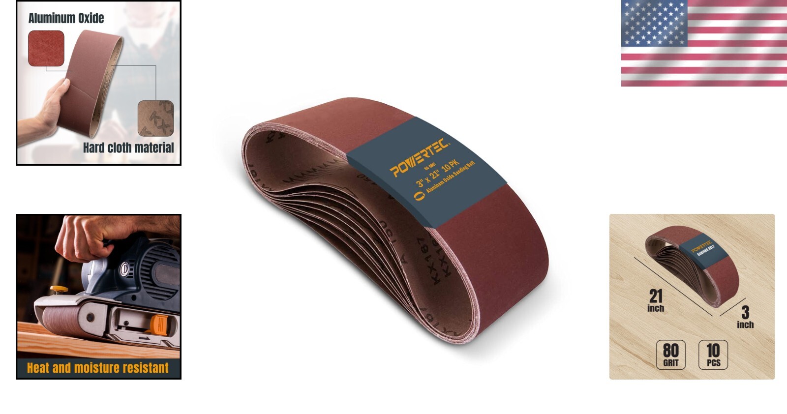 10-Pack 3 x 21 Inch 80 Grit Aluminum Oxide Sanding Belts for Wood & Metal