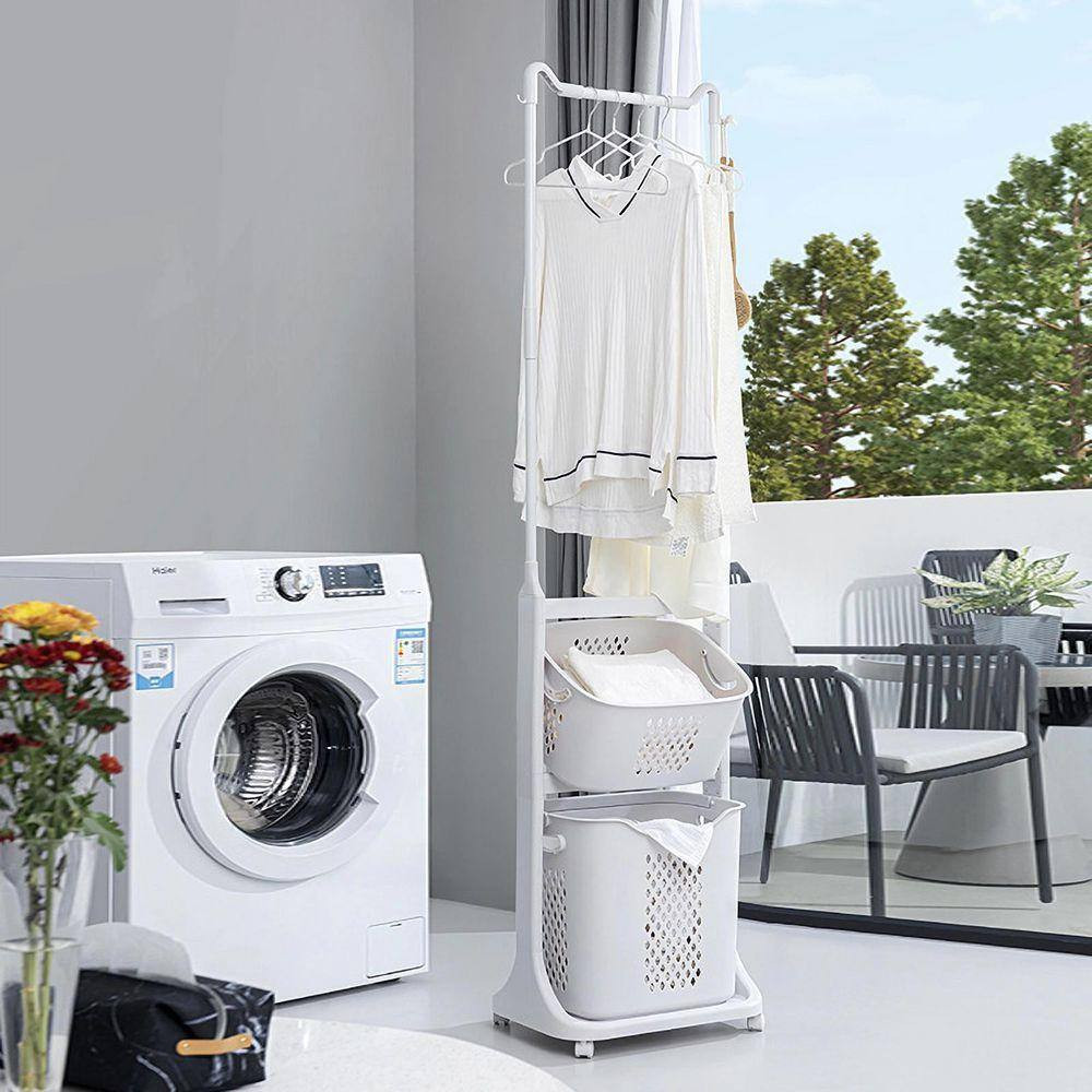 White Plastic 2 Bag Laundry Sorter with Hanging Bar Laundry Baskets on Wheels Re