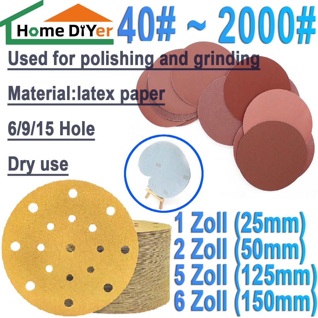 1/2/5/6 inch Aluminum oxide Hook & Loop Round Dry Sanding Discs 60~2000 Grit