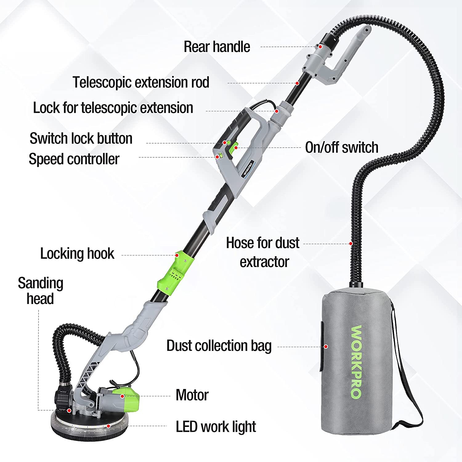 WORKPRO Drywall Sander Kit 720W Electric Sander 7 Speed 1100-1850RPM Wall Sander