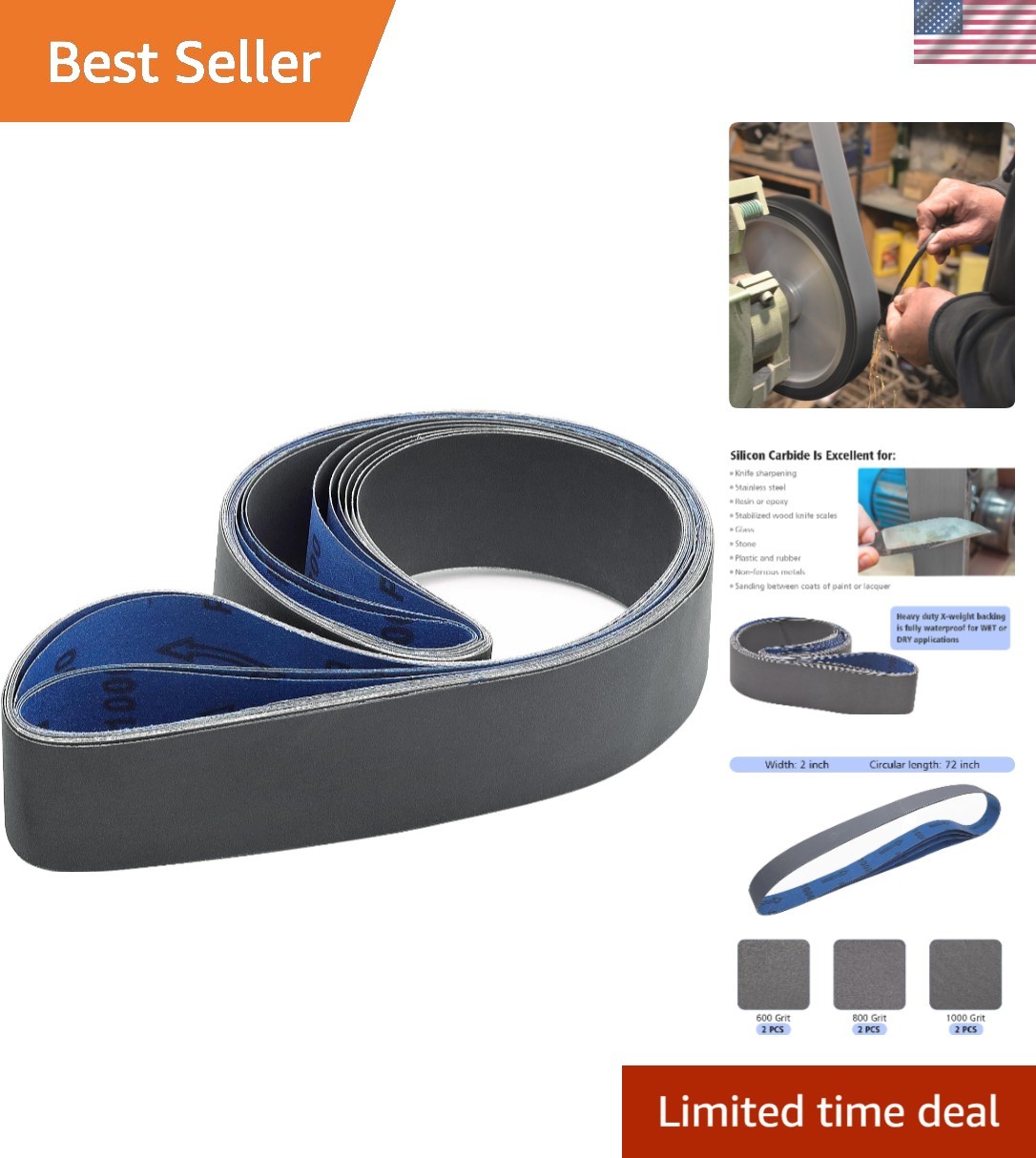 6 Pack 2×72 Inch Silicon Carbide Sanding Belts – 600/800/1000 Grits for Knife…