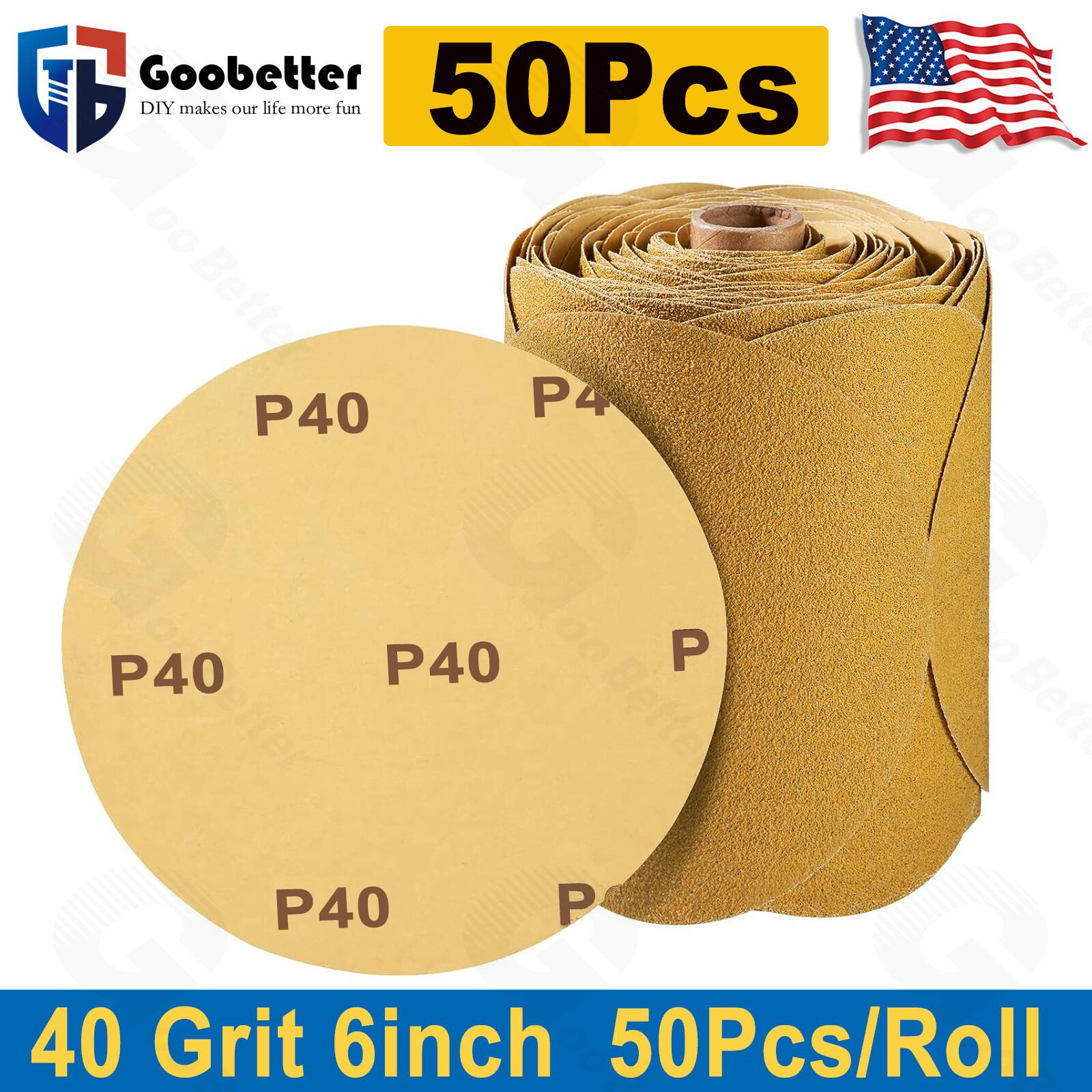6 in Sanding disc Sandpaper 50 Roll Adhesive PSA Sticky Back 40 Grit Sand Paper