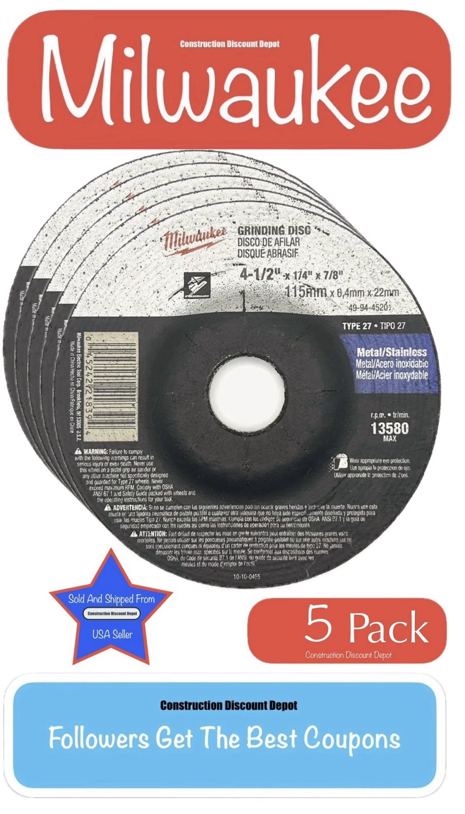 Bulk 5 Pack Milwaukee 49-94-4520 4-1/2″ x 1/4″ x 7/8 in Grinding Wheel Type 27