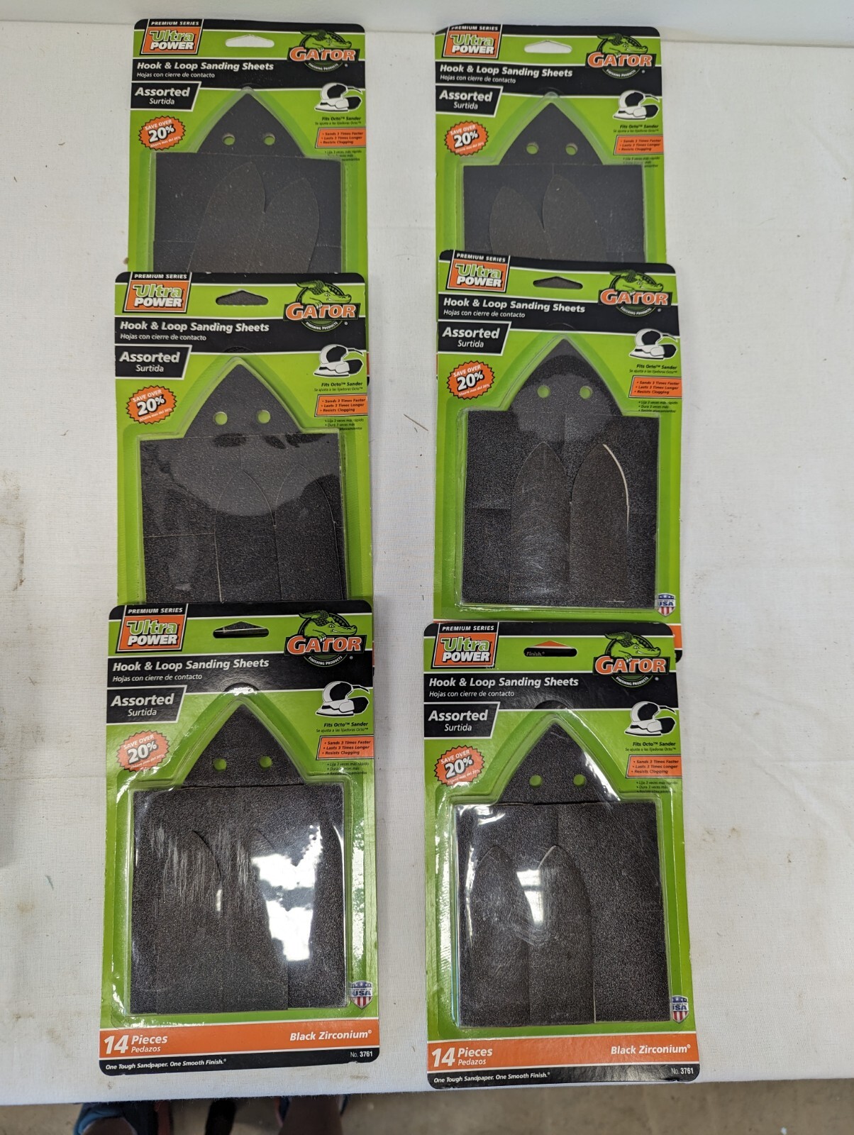 6 pks Gator Ultra Power Hook & Loop Asst Grit Sanding Sheets #3761 Blk zirconium