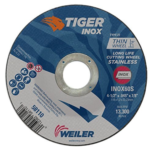 Weiler 58110 4-1/2″ x 0.045″ Type 27 Cutting Wheel, INOX 60S, 7/8″, Pack of 25