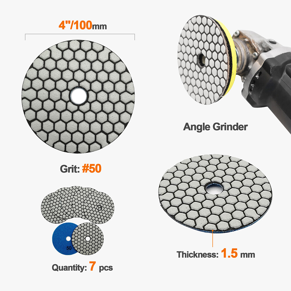 7pcs 4inch Dry Diamond Polishing Pad Set for Stone Marble #50-#3000 Grit