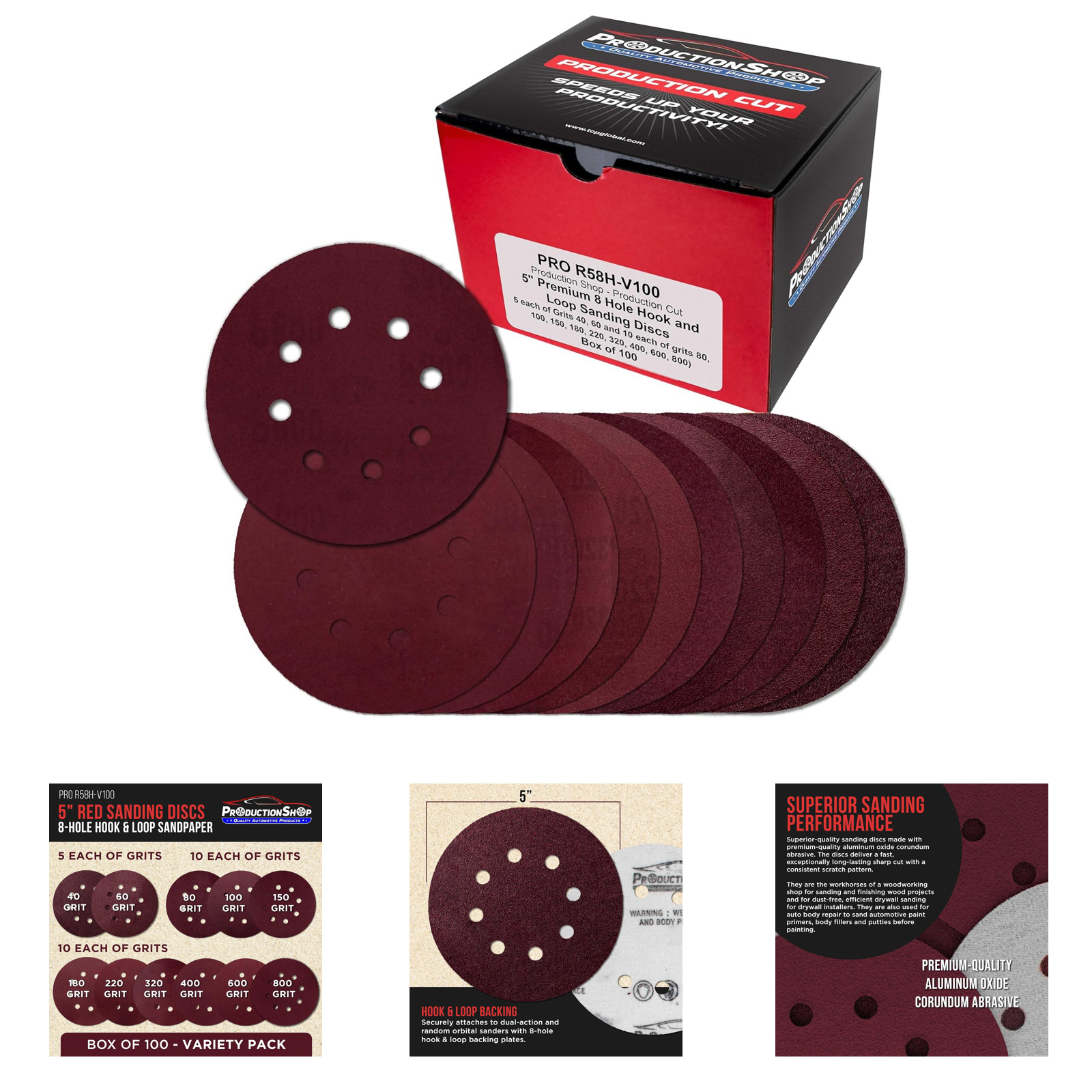 ProductionShop 5 Inch Red Sanding Discs 8-Hole Pattern Variety Pack 40 60 80 100