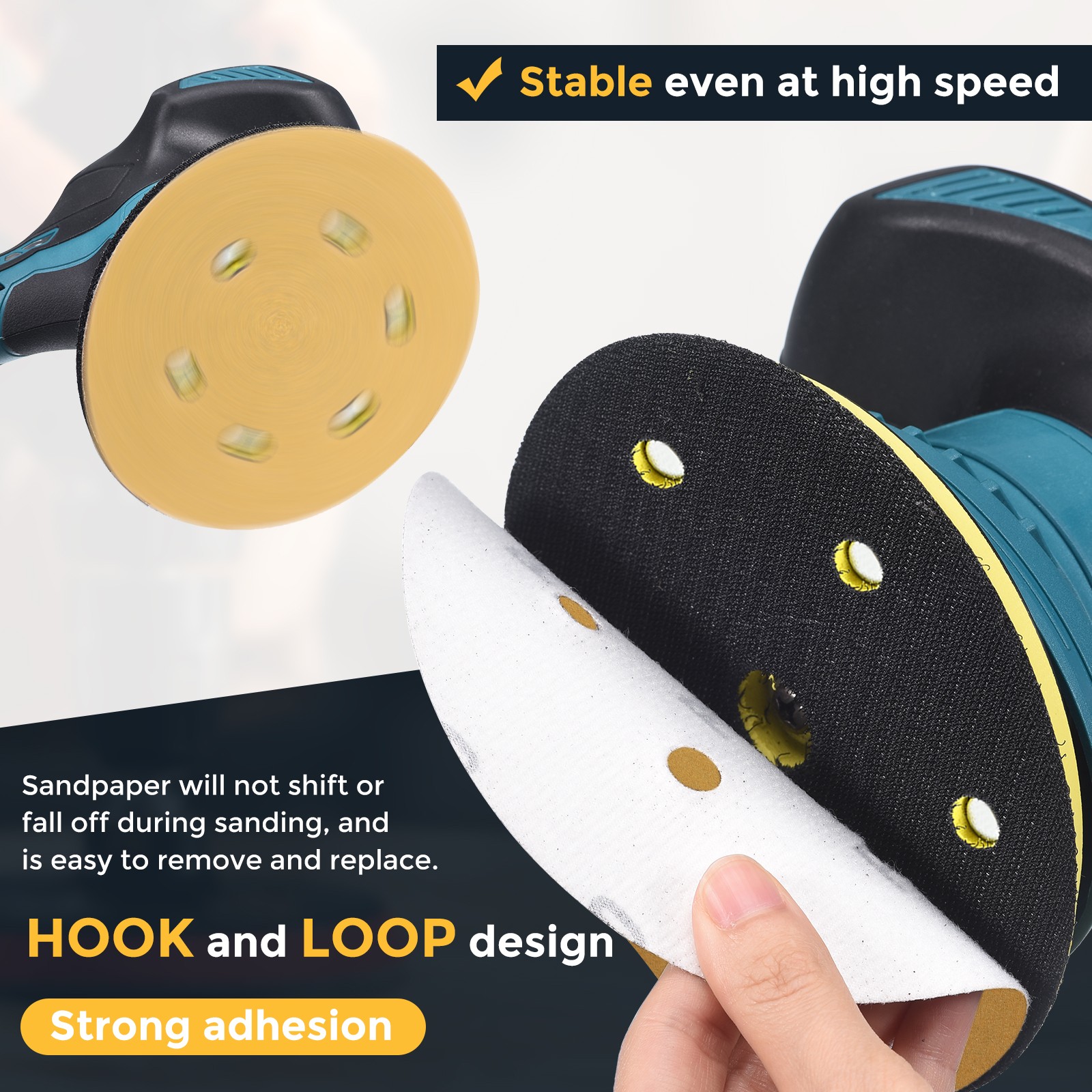 200 Pcs 5 Inch Sanding Disc 8 Hole 60 Grit Hook and Loop Sandpaper, Gold