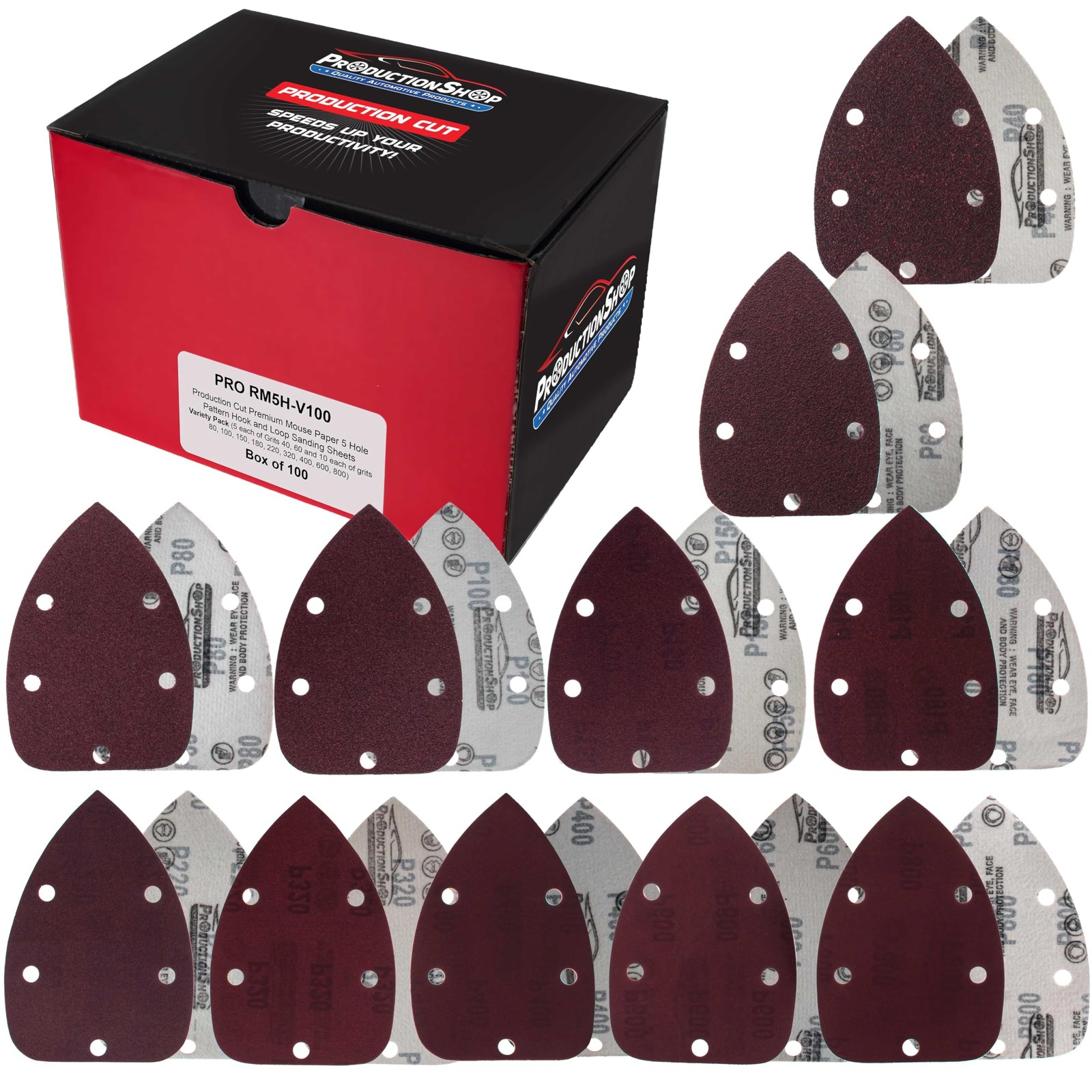 5-Hole Pattern Mouse Detail Sander Sandpaper Sheets, 100 Disc Variety, Grits
