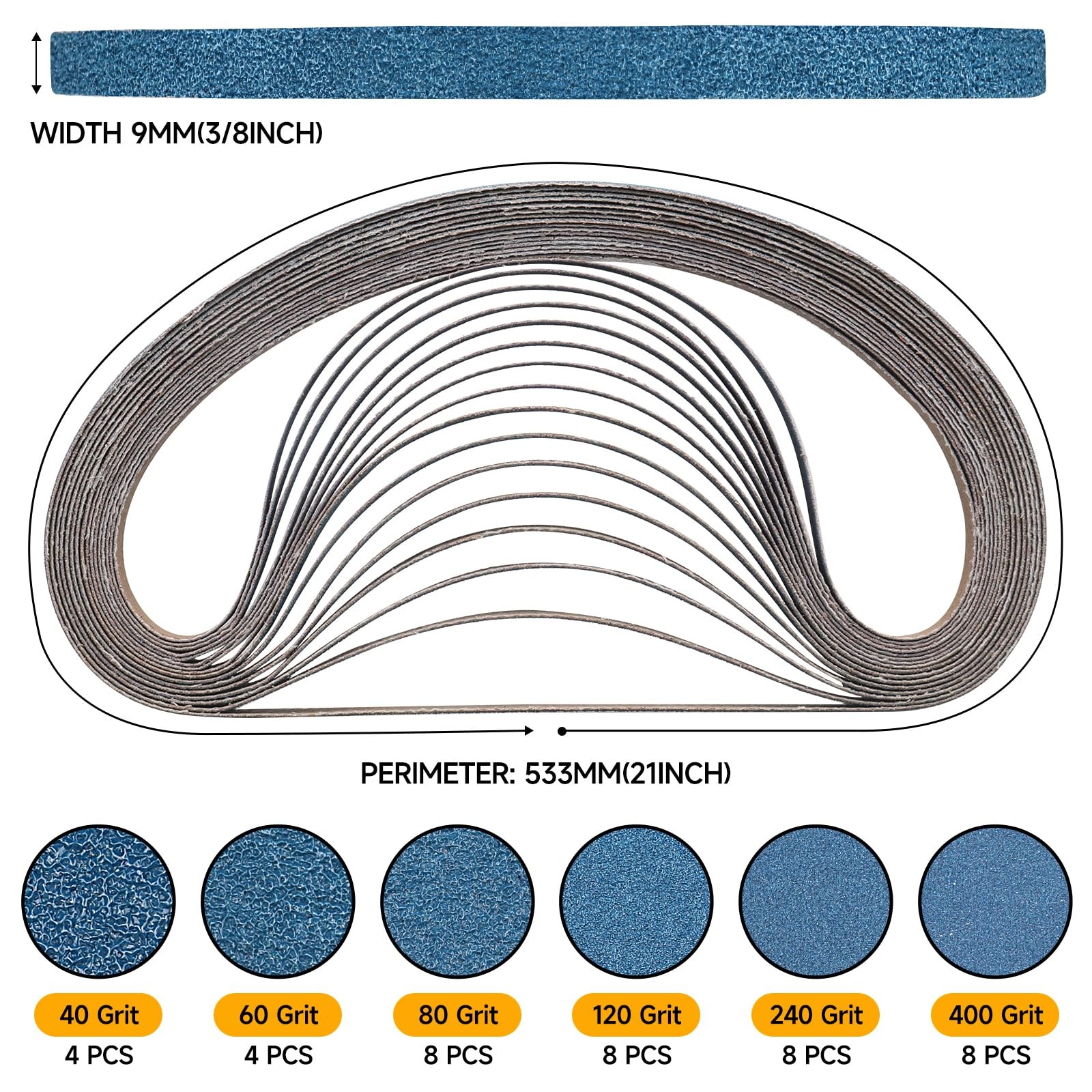 Shineboc 40-Piece 3/8 x 21 Inch 40-400 Grit Zirconia 3/8×21 Inch, Blue