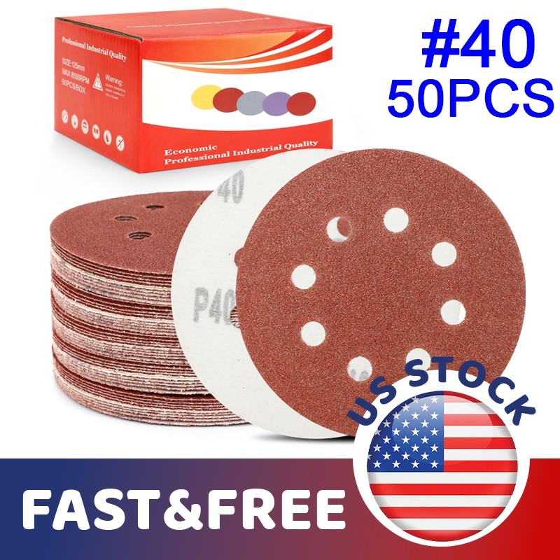 50Pc 5inch Sanding Discs 40 Grit Hook Loop 8-Hole Orbital Sander Paper DIY Acces