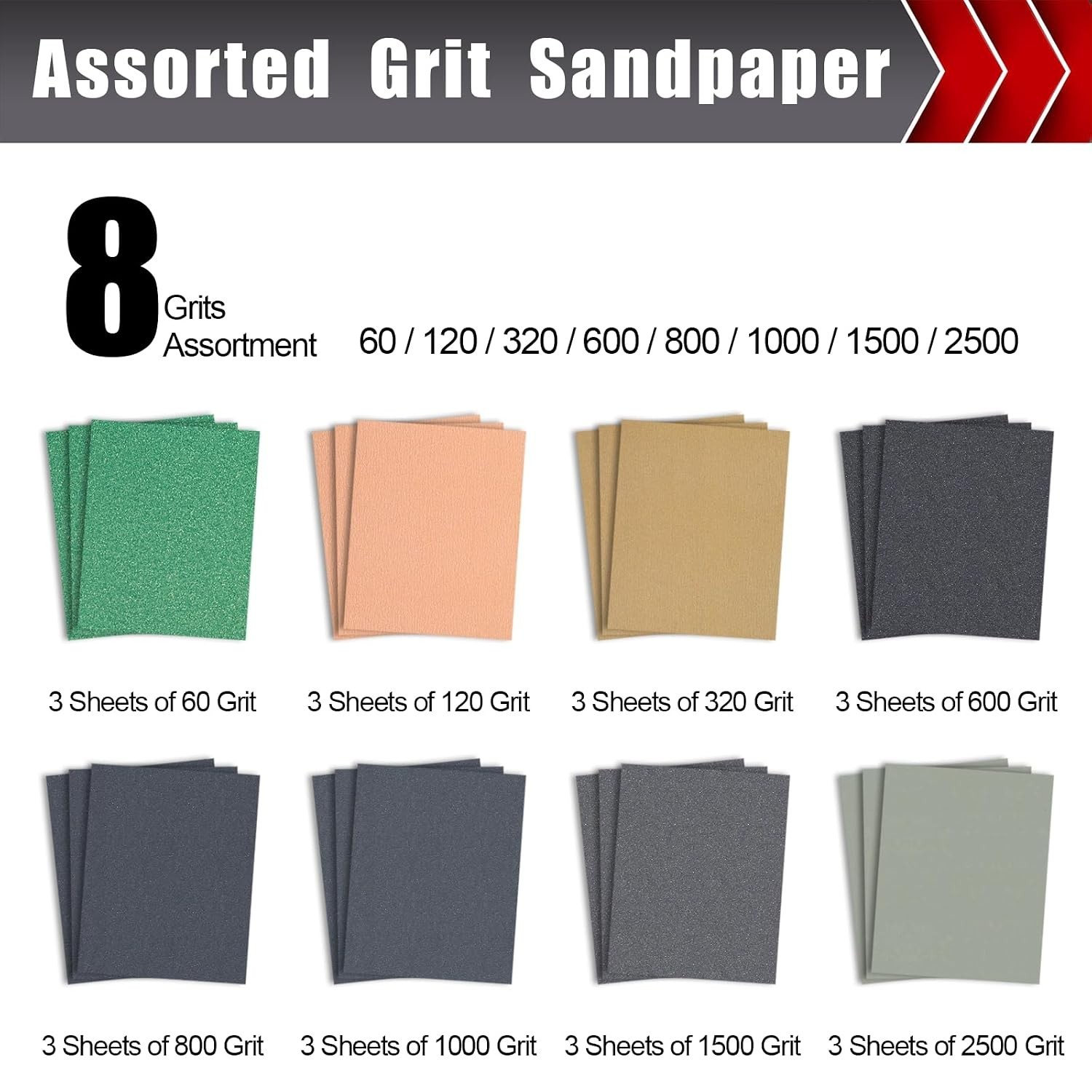 24 PCS 9″ x 11″ Wet Dry Sand Paper Assortment for Wood Metal Automotive – 3 S…