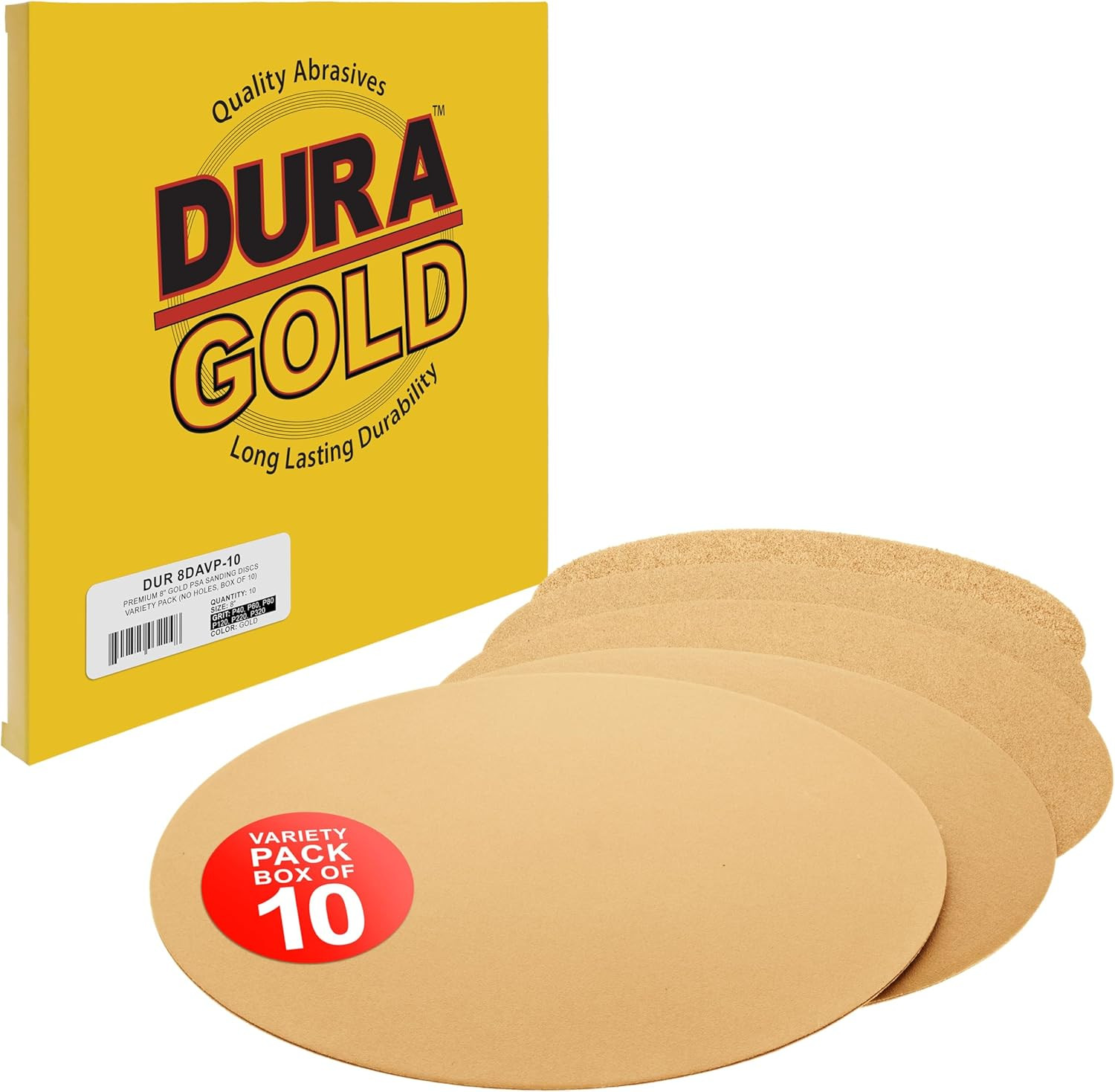 Dura-Gold Premium 40, 80, 120, 220, 320 Grit 8″ Gold PSA Sanding Discs, 2 Each,