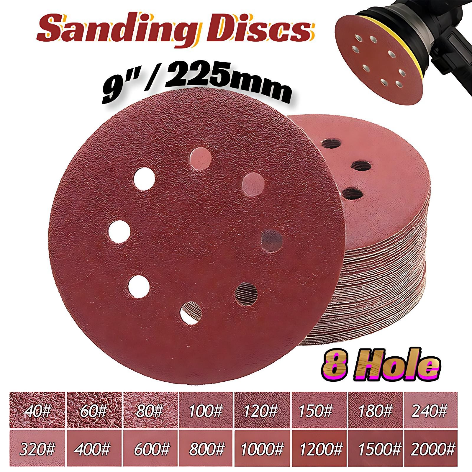 225mm 9″ Sanding Discs 40 – 600 Grit Orbital Sander 8 Hole Pads Premium quality