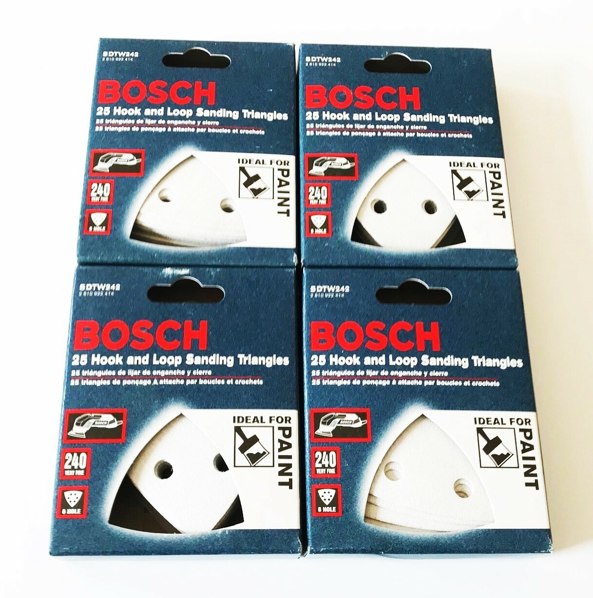 100 BOSCH HOOK AND LOOP SANDING TRIANGLES DISCS 240 GRIT 6 HOLE ITALY SDTW242