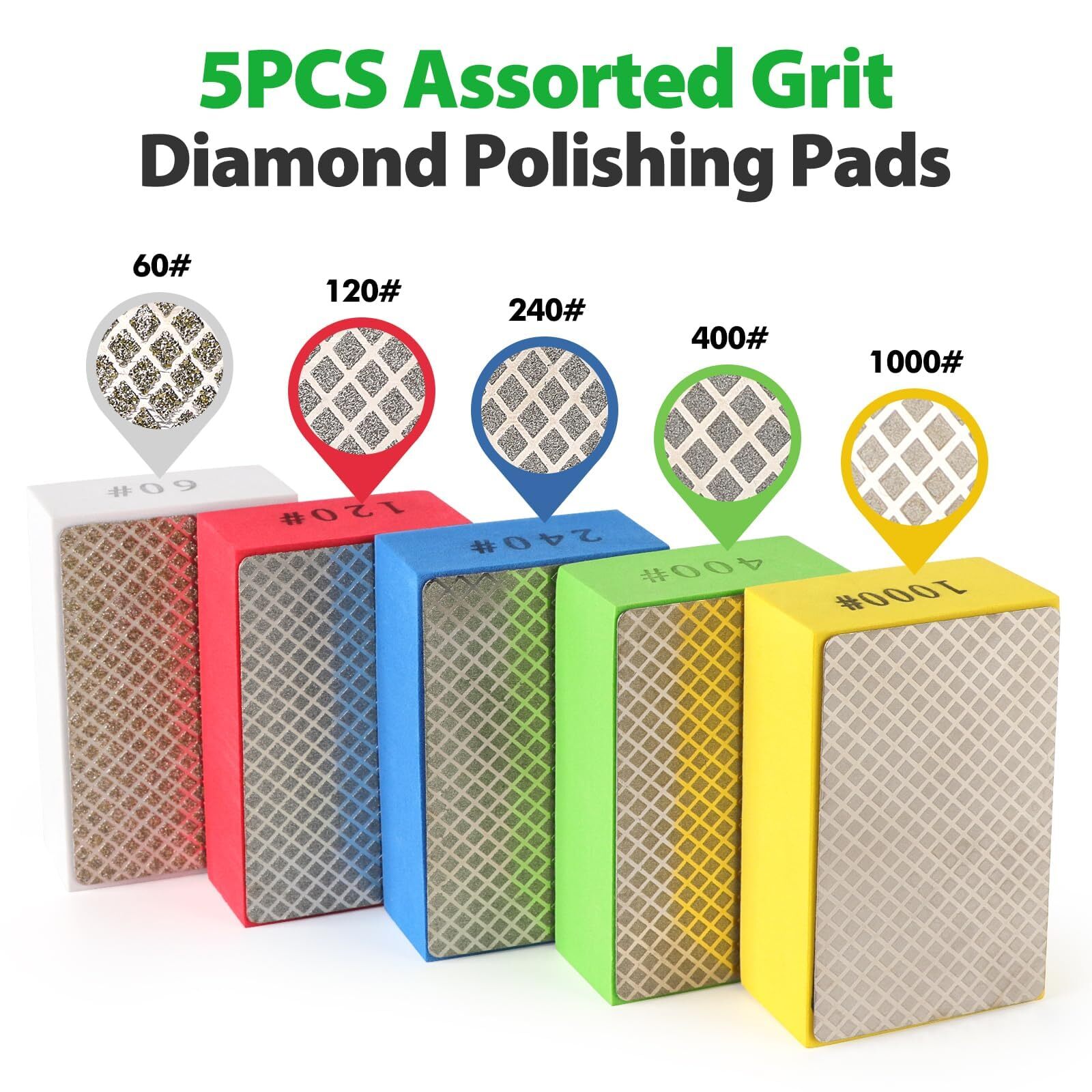 5PCS Diamond Polishing Pads 60/120/240/400/1000 Grit for Glass Stone Metal