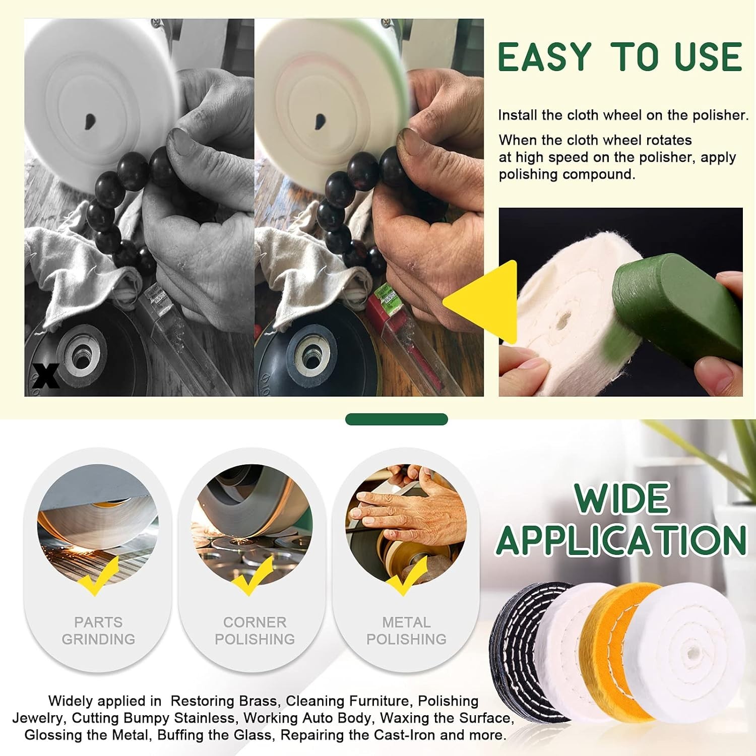 8pc 4″ Buffing Polishing Wheel Kit Bench Grinder 1/2″ Arbor & Polishing Compound