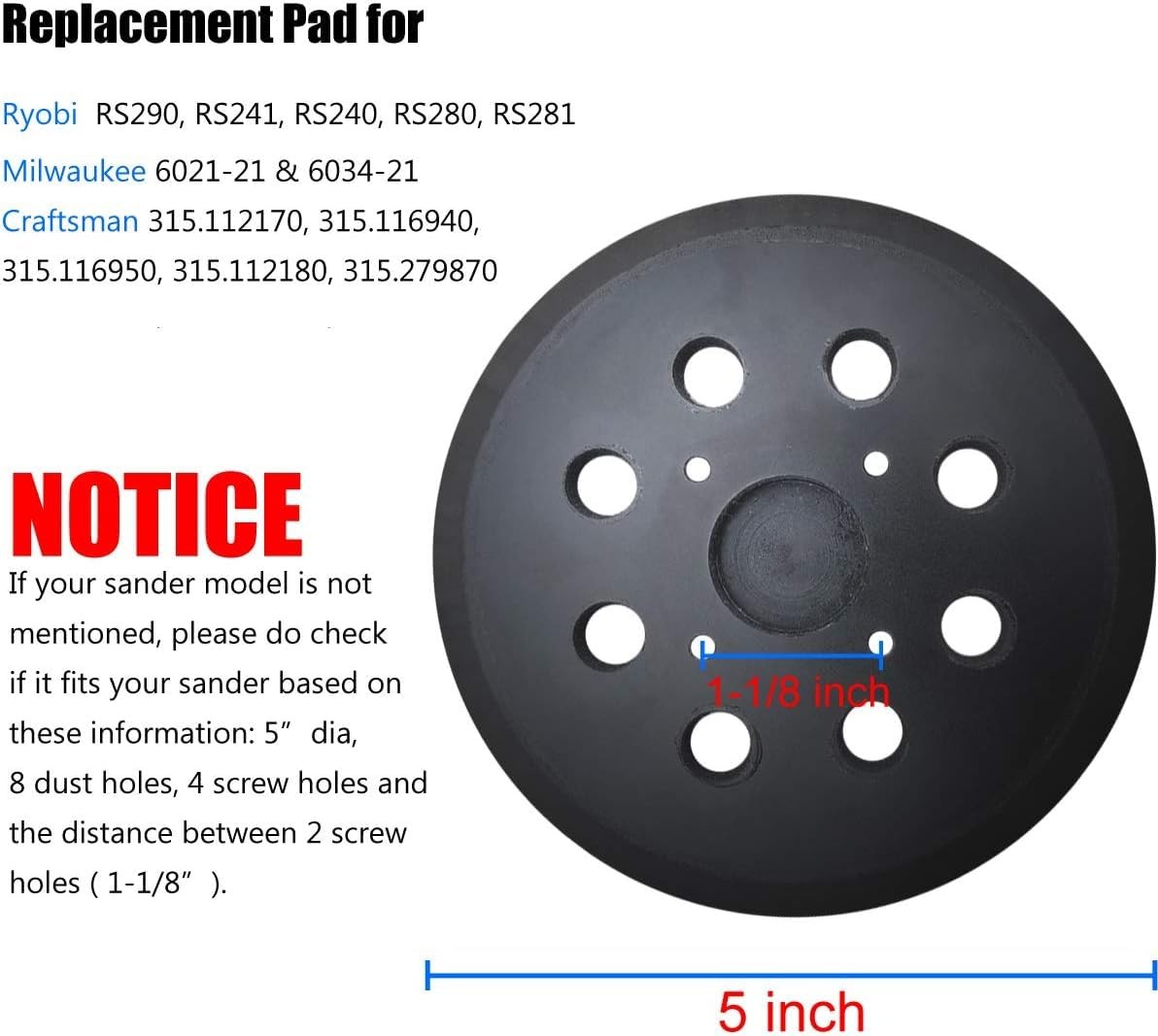 2 Pack 5″ Universal Hook and Loop Orbital Sander Pad for Ryobi RS290, RS240, …