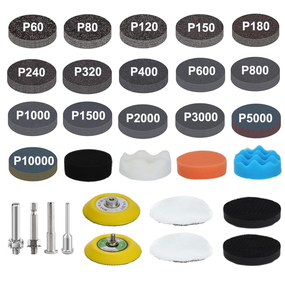 Kit 174 Discos Lija 3″ Grano 60-10000 para Taladro Pulido Madera Metal