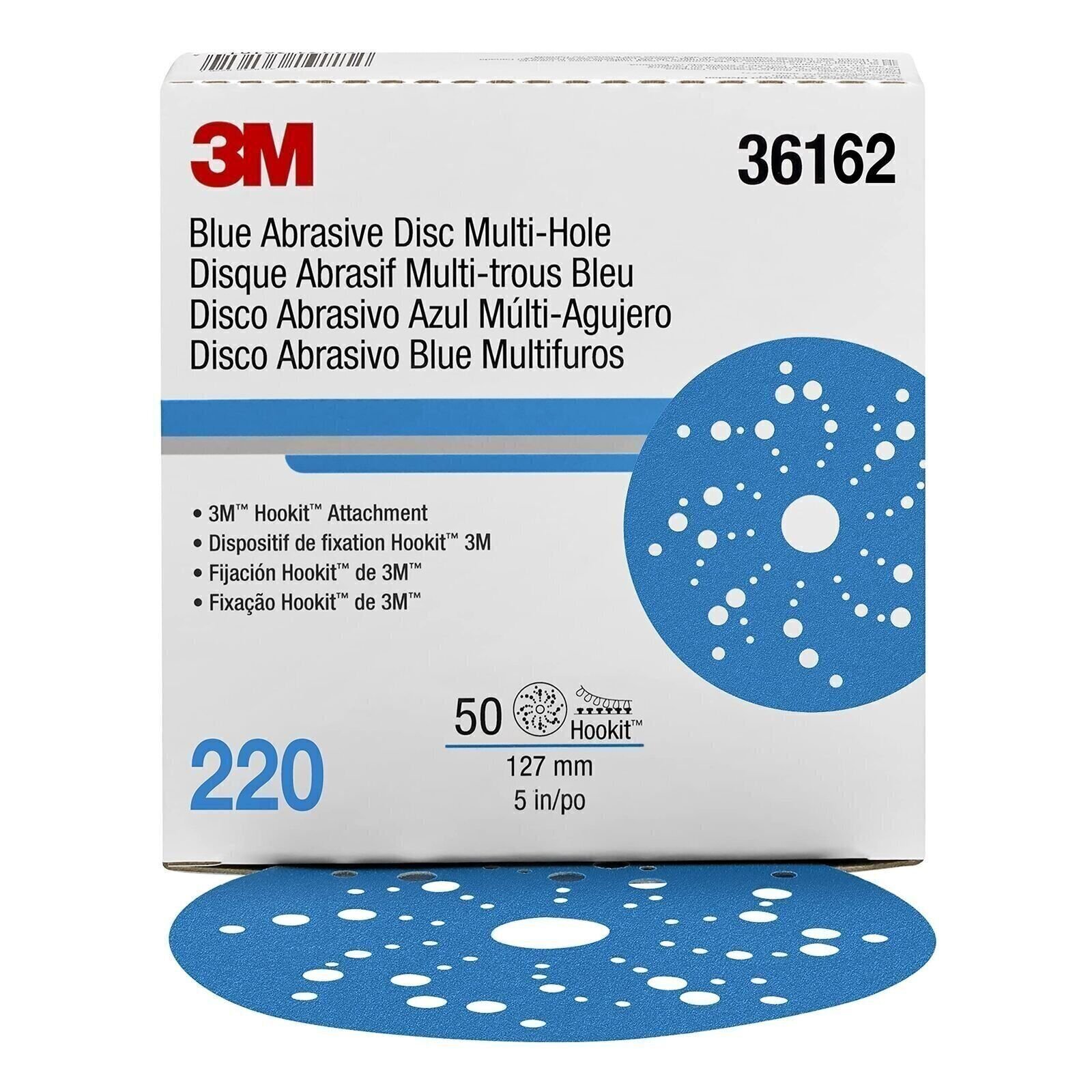 3M Hookit Blue Abrasive Discs 36162, Multi-Hole, 5 in, 220+ Grade, Pack of 50,