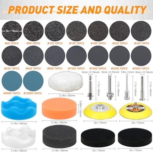 174 PCS Wet Dry Sanding Discs 3 Inch Grit 60-10000 Hook & Loop for Drill Use