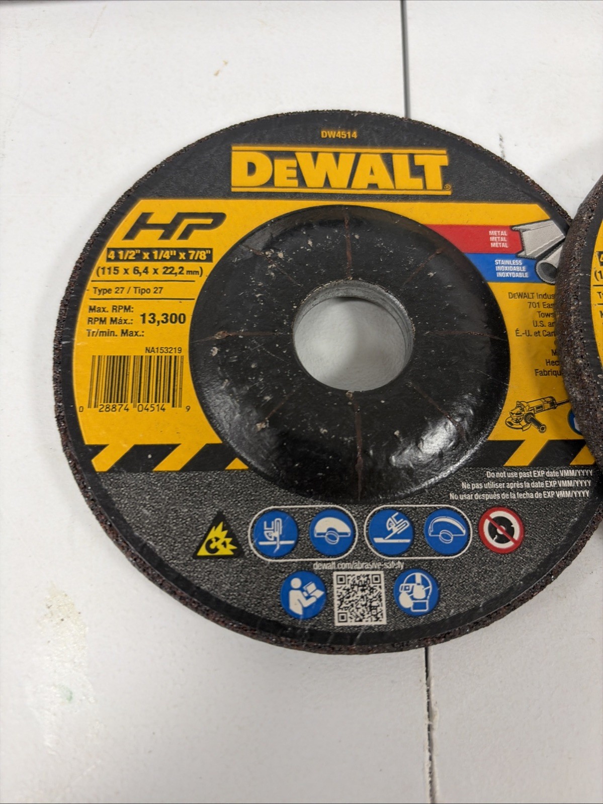 pair of 2 DeWalt DW4514 Metal Grinding Wheel Type 27 4-1/2in x 1/4in x 7/8in